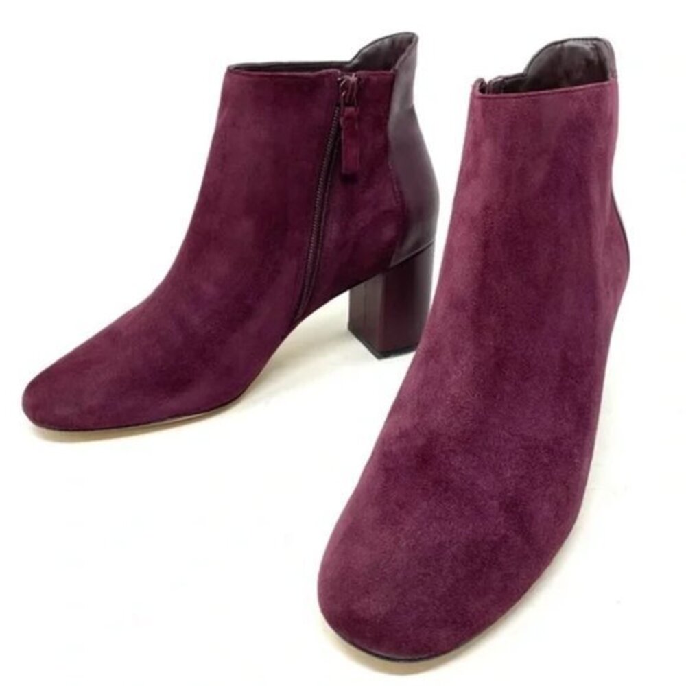Cole Haan Nella Wine Suede & Leather Block Heel Ankle Boots 9